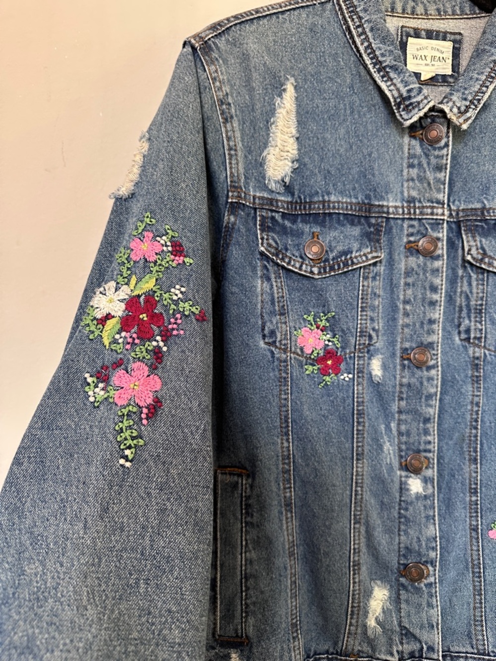 Oversized Denim Jacket with Pink, Red & White Floral Embroidery - Picture 2 of 6